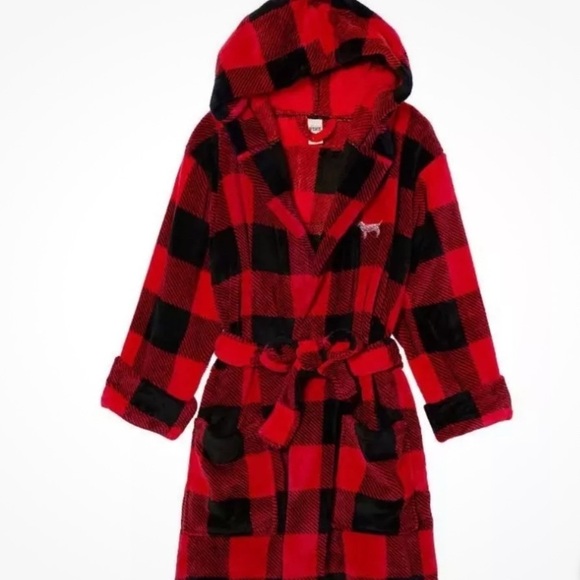 PINK Victoria’s Secret Red & Black Buffalo Plaid Sequin Dog Hooded Robe Sz. XS/S - Picture 2 of 10